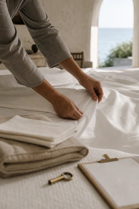 Housekeeping rifinisce la biancheria in una villa sul mare, immagine editoriale sulla regia operativa