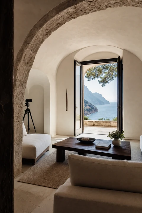 Interno di villa amalfitana preparato per il racconto fotografico, immagine editoriale sul posizionamento