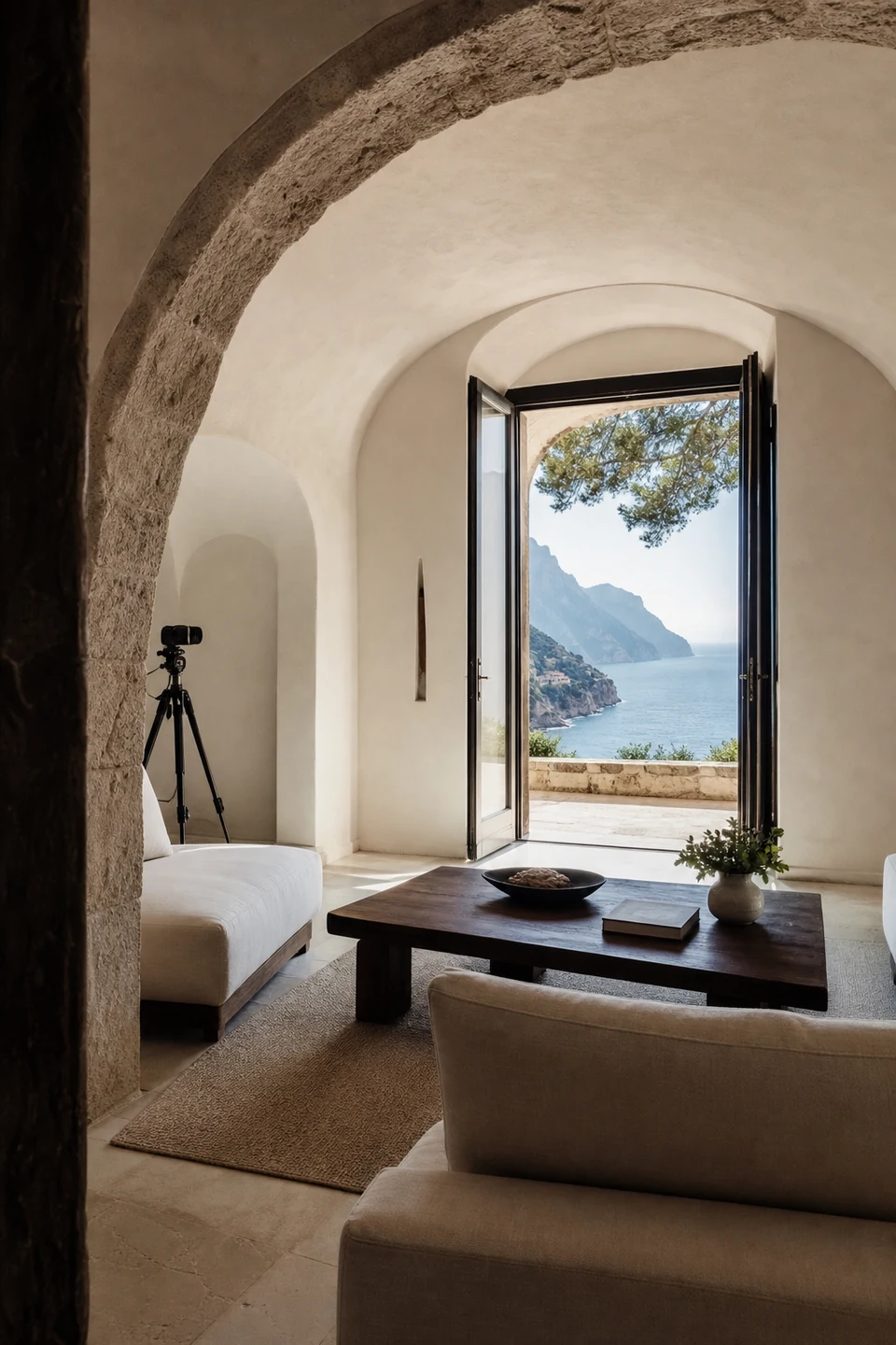 Interno di villa amalfitana preparato per il racconto fotografico, immagine editoriale sul posizionamento
