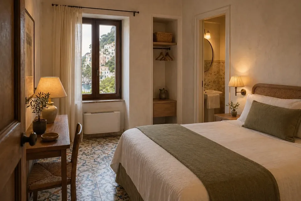 Suite per affittacamere ad Amalfi con letto, scrittoio e bagno privato