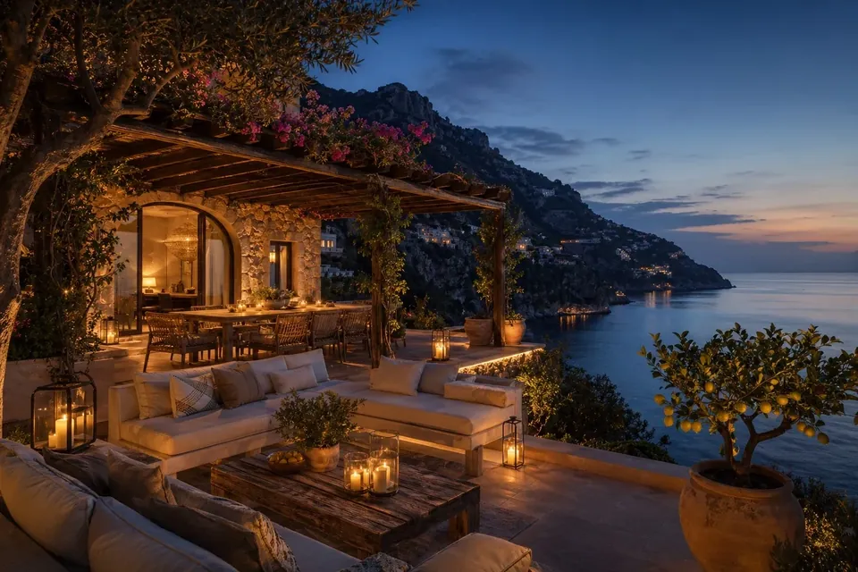 Terrazza mediterranea di una villa in Costiera Amalfitana al tramonto
