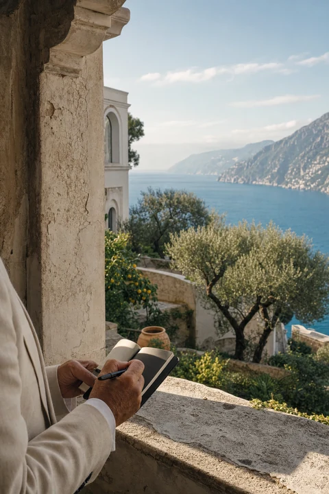 Property manager valuta una villa amalfitana dal loggiato, immagine editoriale sulla selezione della proprietà